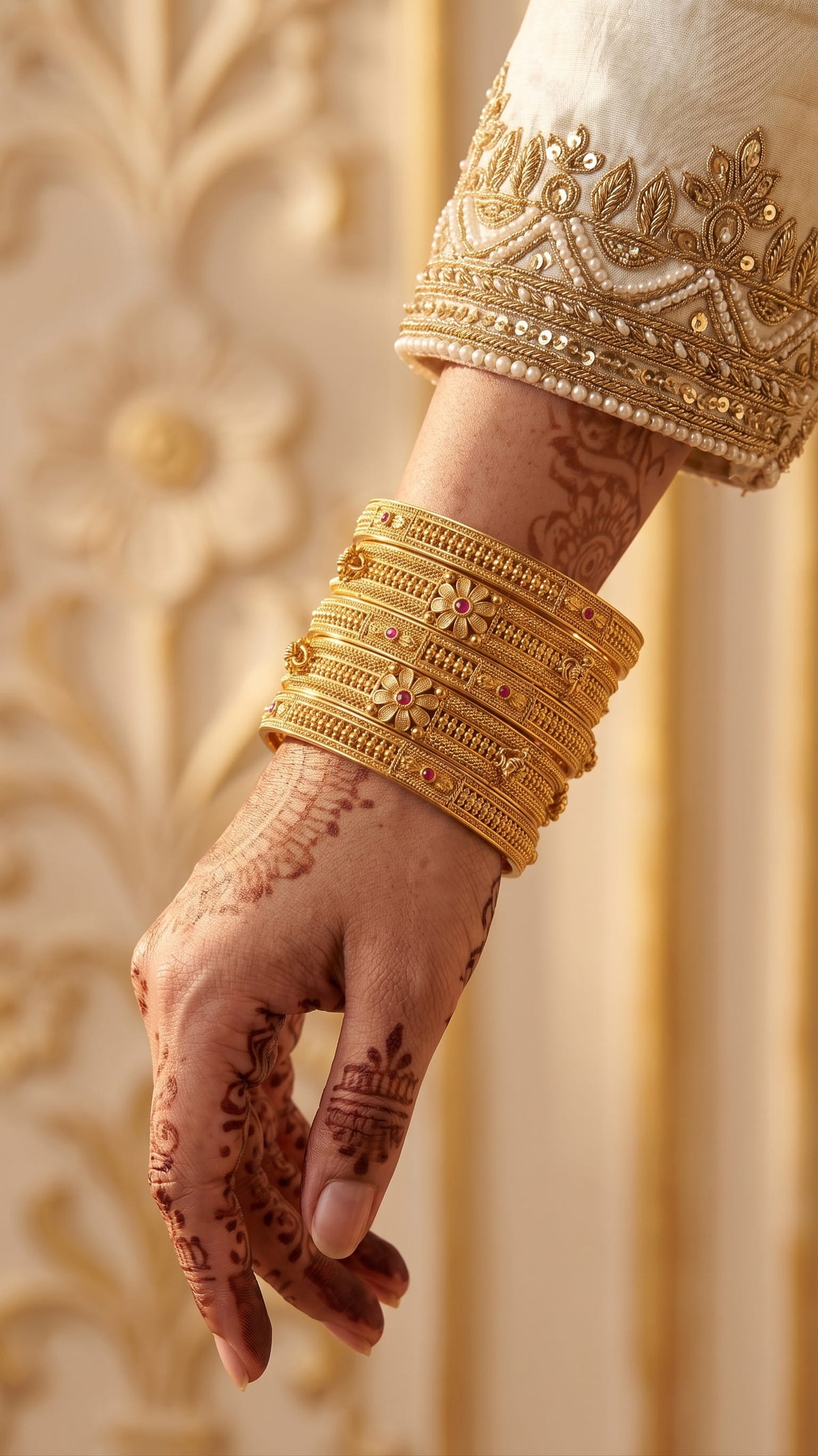 Antique gold filigree bangles with ruby stones worn on wrist - Rajwadi kangan set
