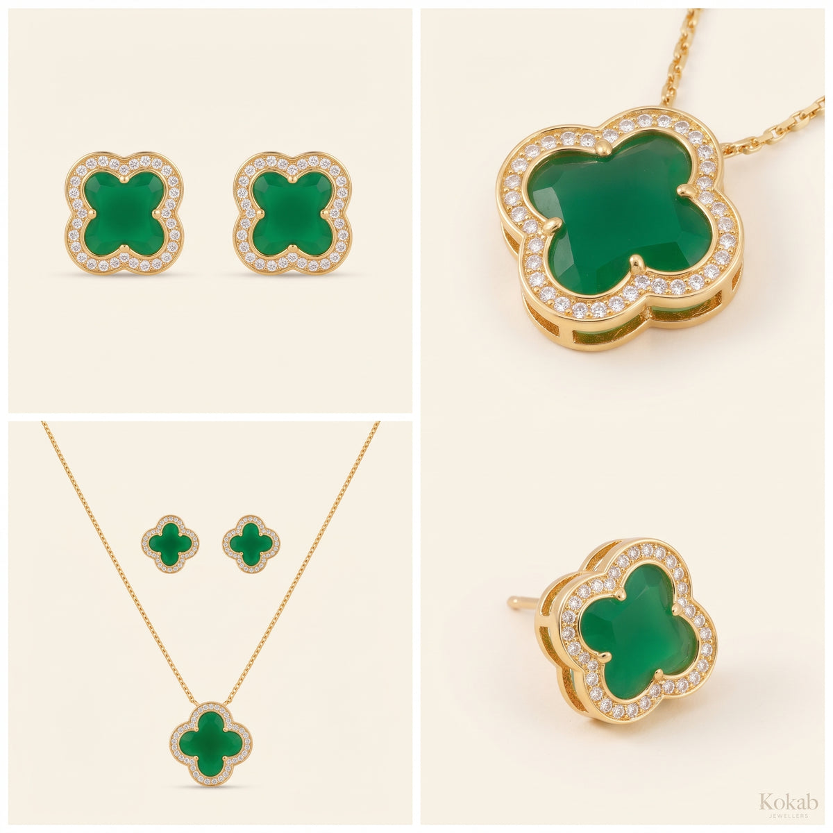 Complete Emerald Green Clover Jewelry Set with Necklace and Earrings - Kokab Jewellers