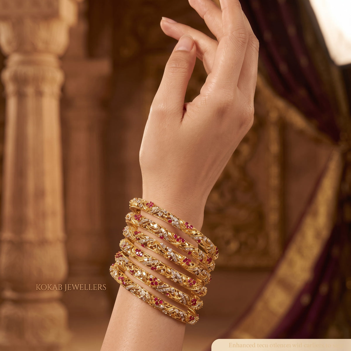 Antique gold bridal bangles set with ruby and zirconia stones - Pakistani wedding jewellery