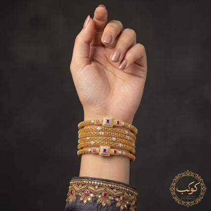 Gold mesh bangles with ruby and zirconia square accents - bridal kangan set Pakistan