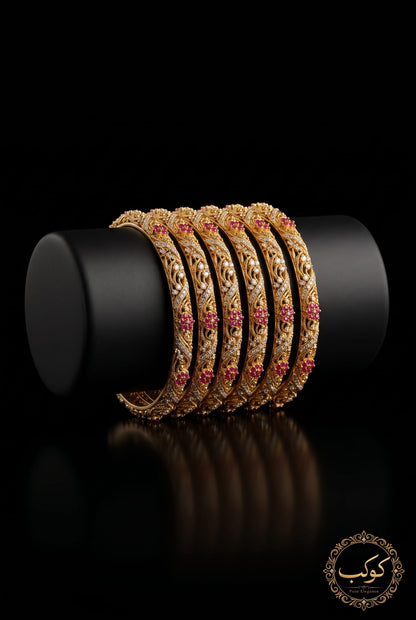 Ruby and American Diamond filigree bangles set of 6 on display - gold plated kangan Pakistan