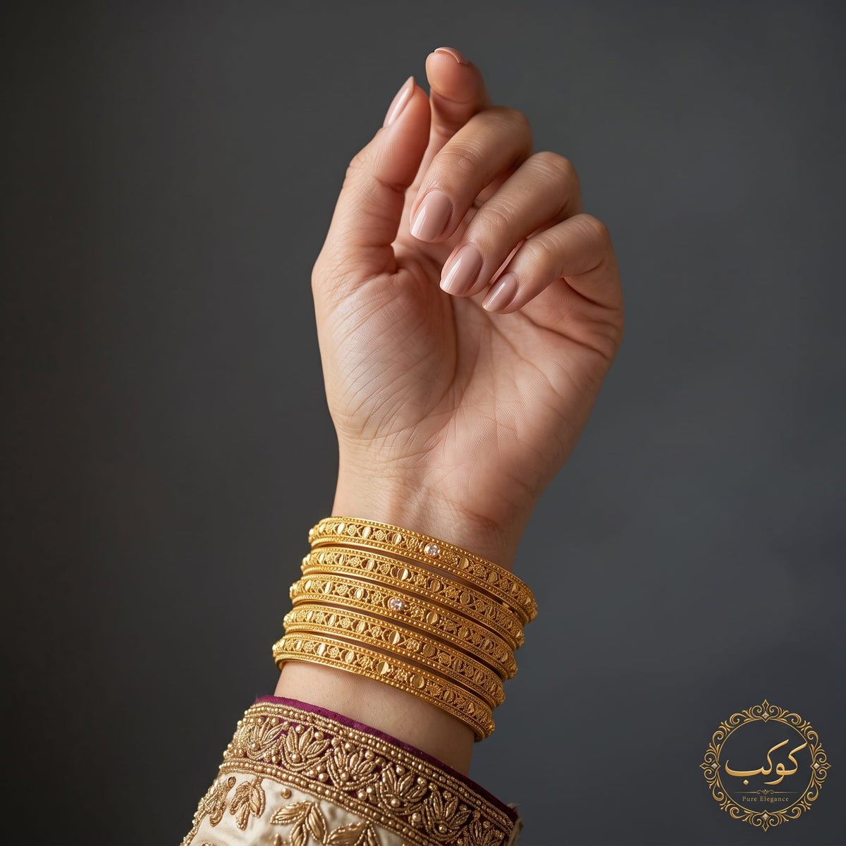 Diamond cut golden bangles worn on wrist - slim stackable kangan Pakistan