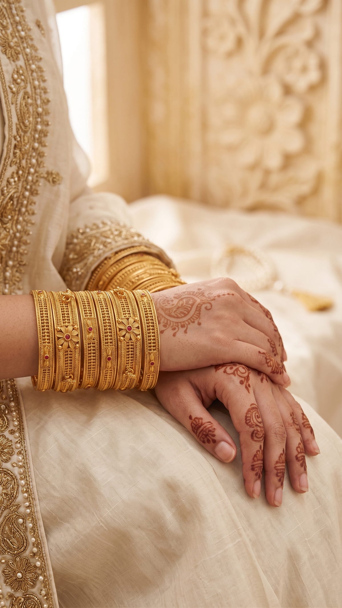 Gold bangles with ruby floral accents on henna hands - bridal kangan set Pakistan