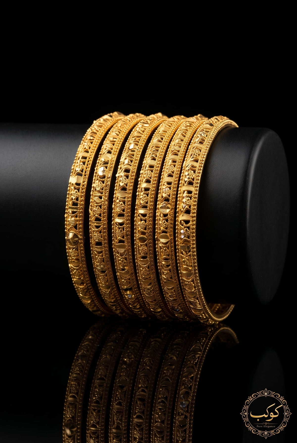 Golden diamond cut bangles set of 6 on display - slim gold kangan Pakistan