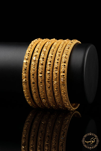 Golden diamond cut bangles set of 6 on display - slim gold kangan Pakistan