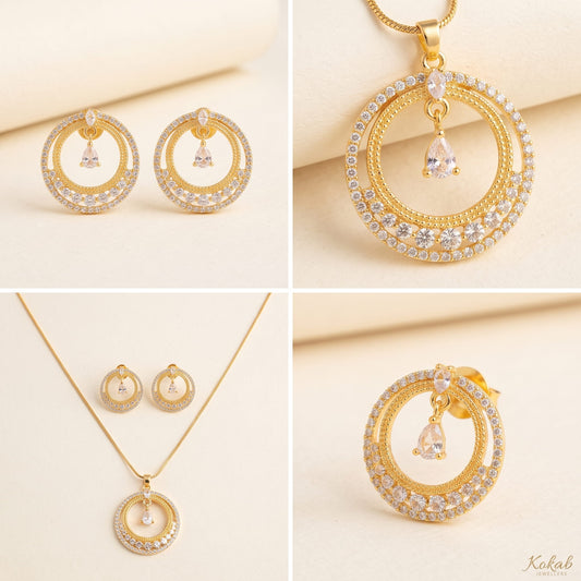 Gold Plated Double Circle Zircon Pendant and Earring Set with teardrop dangle