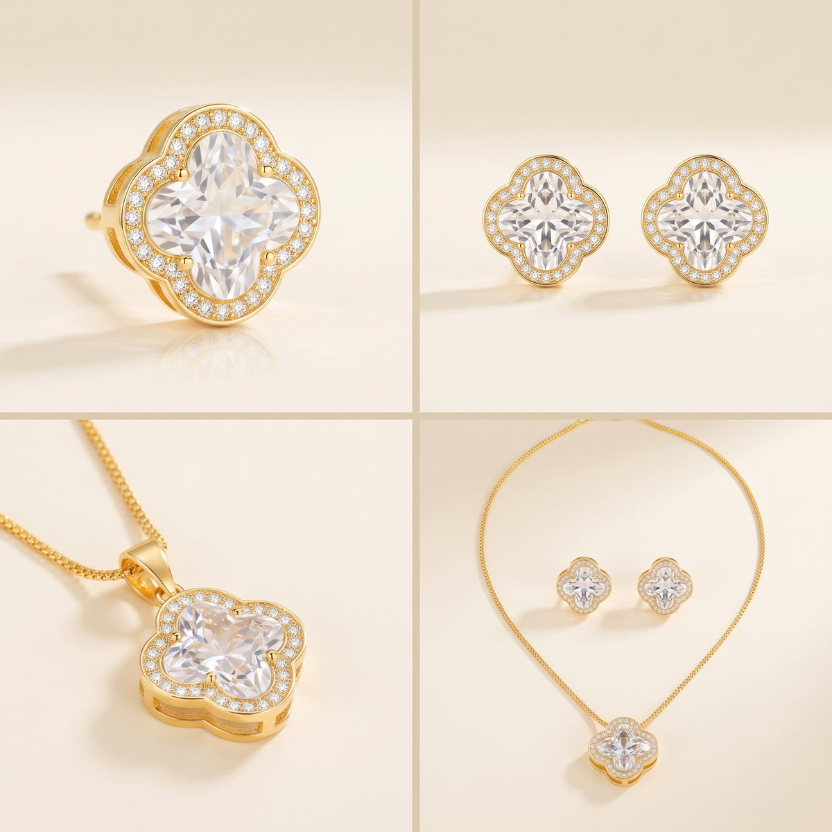 Complete Clear White Clover Jewelry Set with Necklace and Earrings - Kokab Jewellers