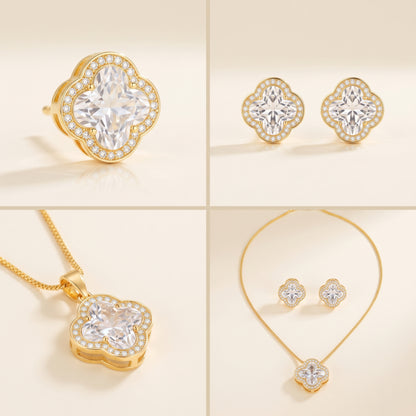 Complete Clear White Clover Jewelry Set with Necklace and Earrings - Kokab Jewellers