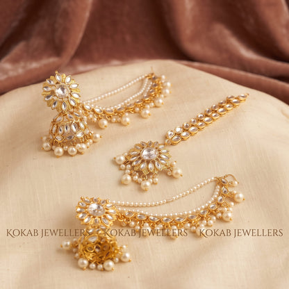 Gold Plated Traditional Bahubali Jhumka with Sahara Pearl Chains and Maang Tikka by KOKAB JEWELLERS Pakistan