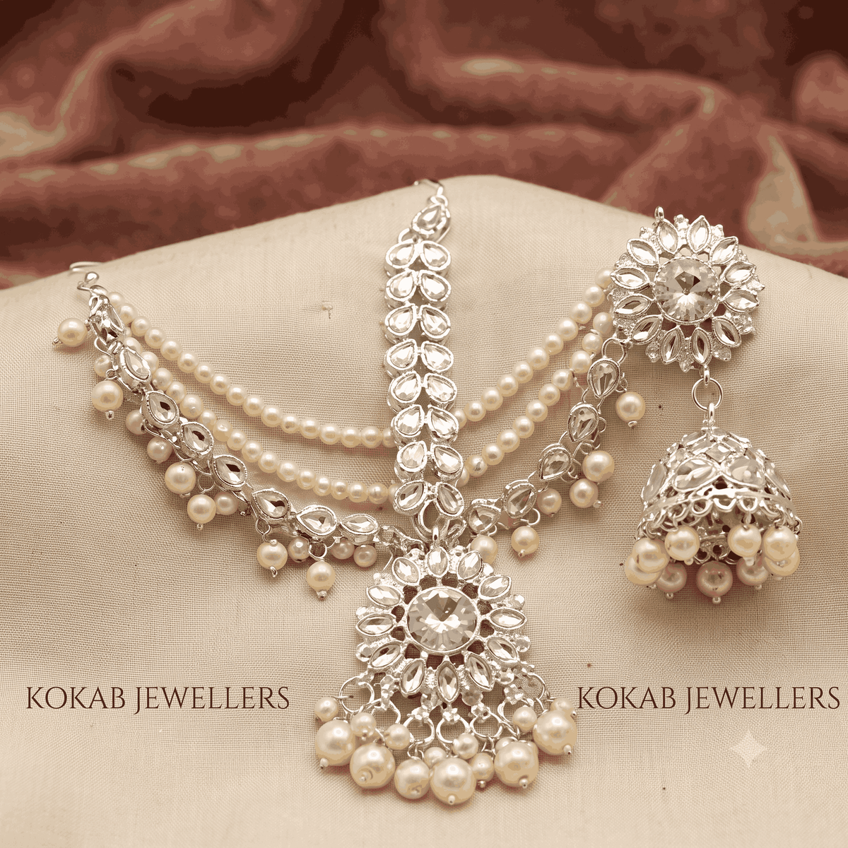 Premium White Artificial Bridal Jewellery Set with Uncut Kundan Sahara Earrings at KOKAB JEWELLERS online store