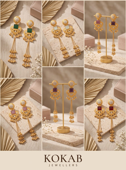 Kashmiri long jhumka earrings in pink, red, green, white, and violet with cascading ghungroo tassels
