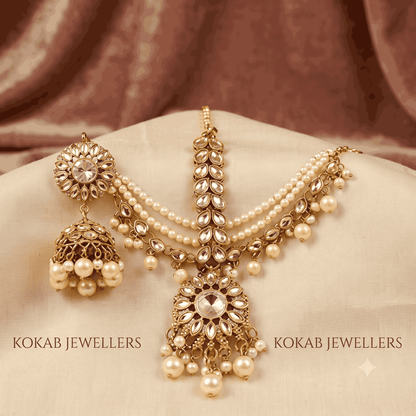 Bridal Gold Copper Uncut Kundan Bahubali Sahara Earrings and Tikka Set from best online jewellery store KOKAB JEWELLERS
