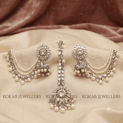 Silver Copper Uncut Kundan Bahubali Sahara Earrings and Maang Tikka Set with Pearl Chains by KOKAB JEWELLERS