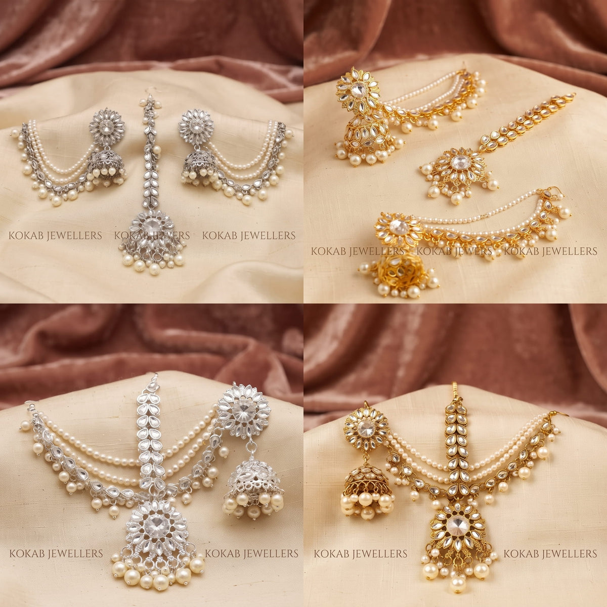 4 Colour Variations of Kundan Bahubali Sahara Jhumka and Tikka Set by KOKAB JEWELLERS