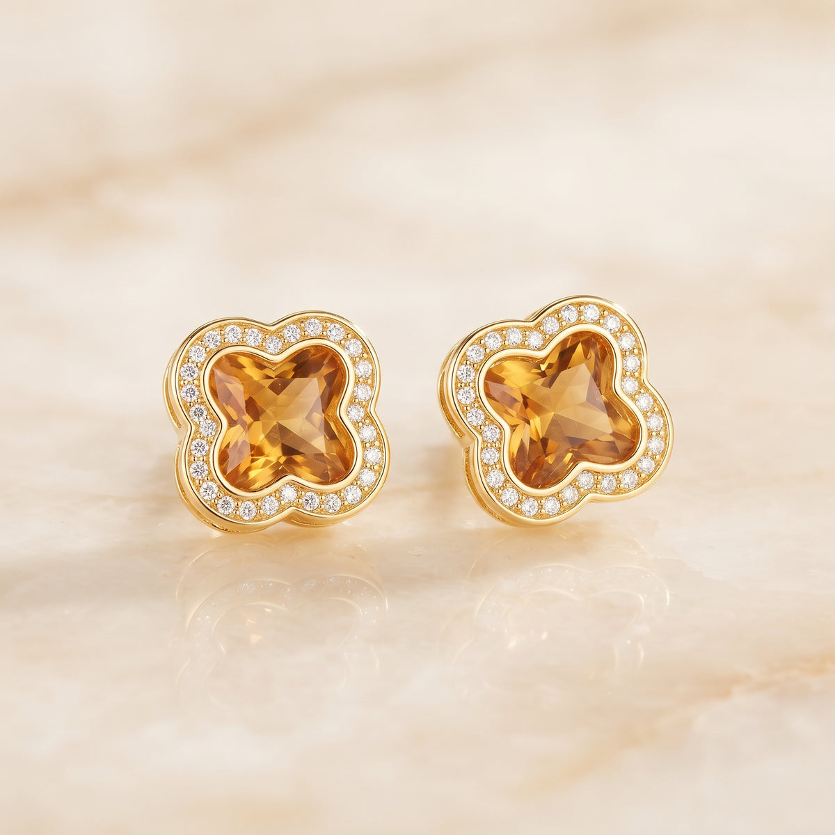 Amber Gold Clover Stud Earrings with Gold Plating - Kokab Jewellers
