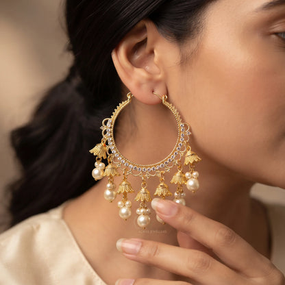 Kashmiri bali pearl earrings in gold with CZ stones and tulip charms