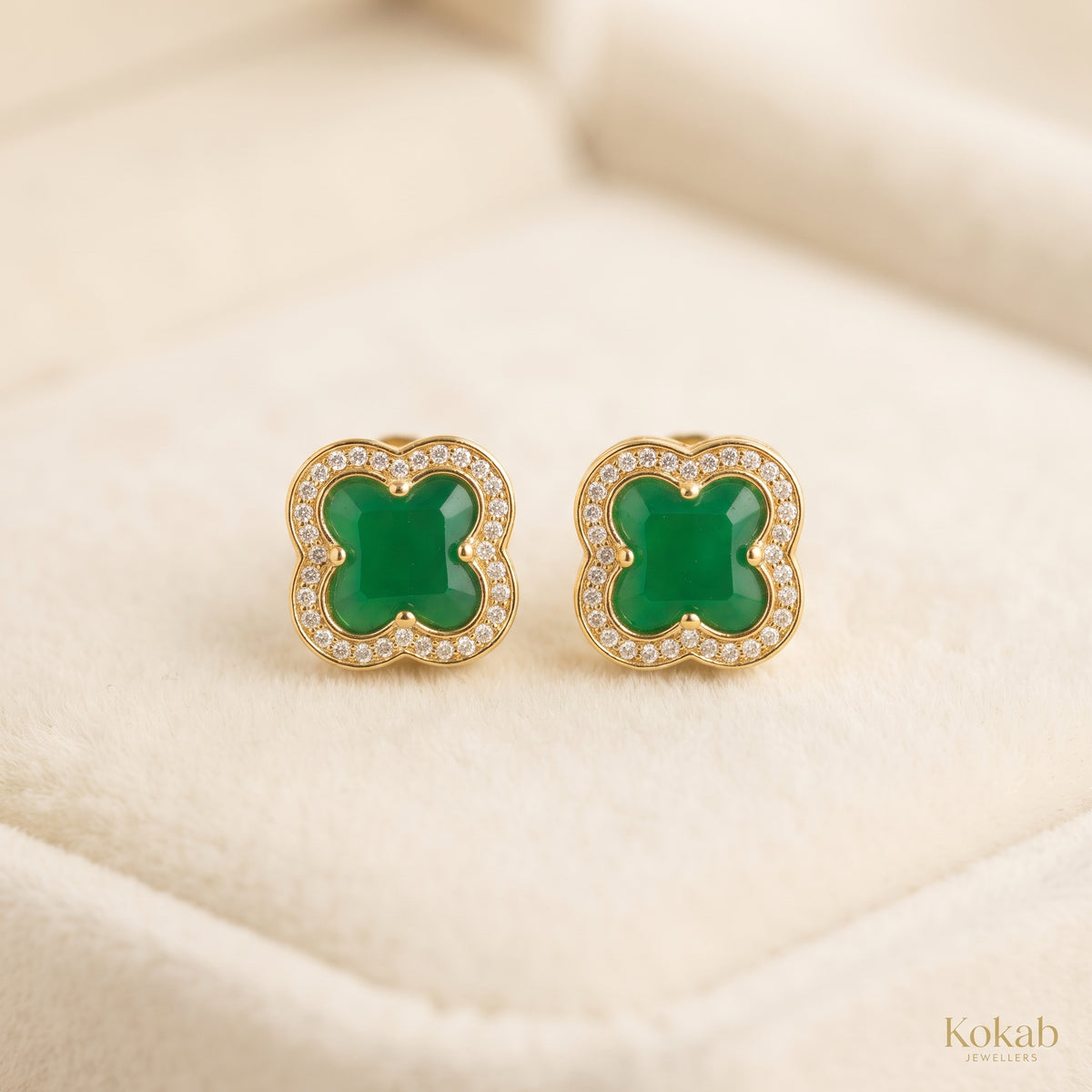Emerald Green Clover Stud Earrings with 18K Gold Plating - Kokab Jewellers