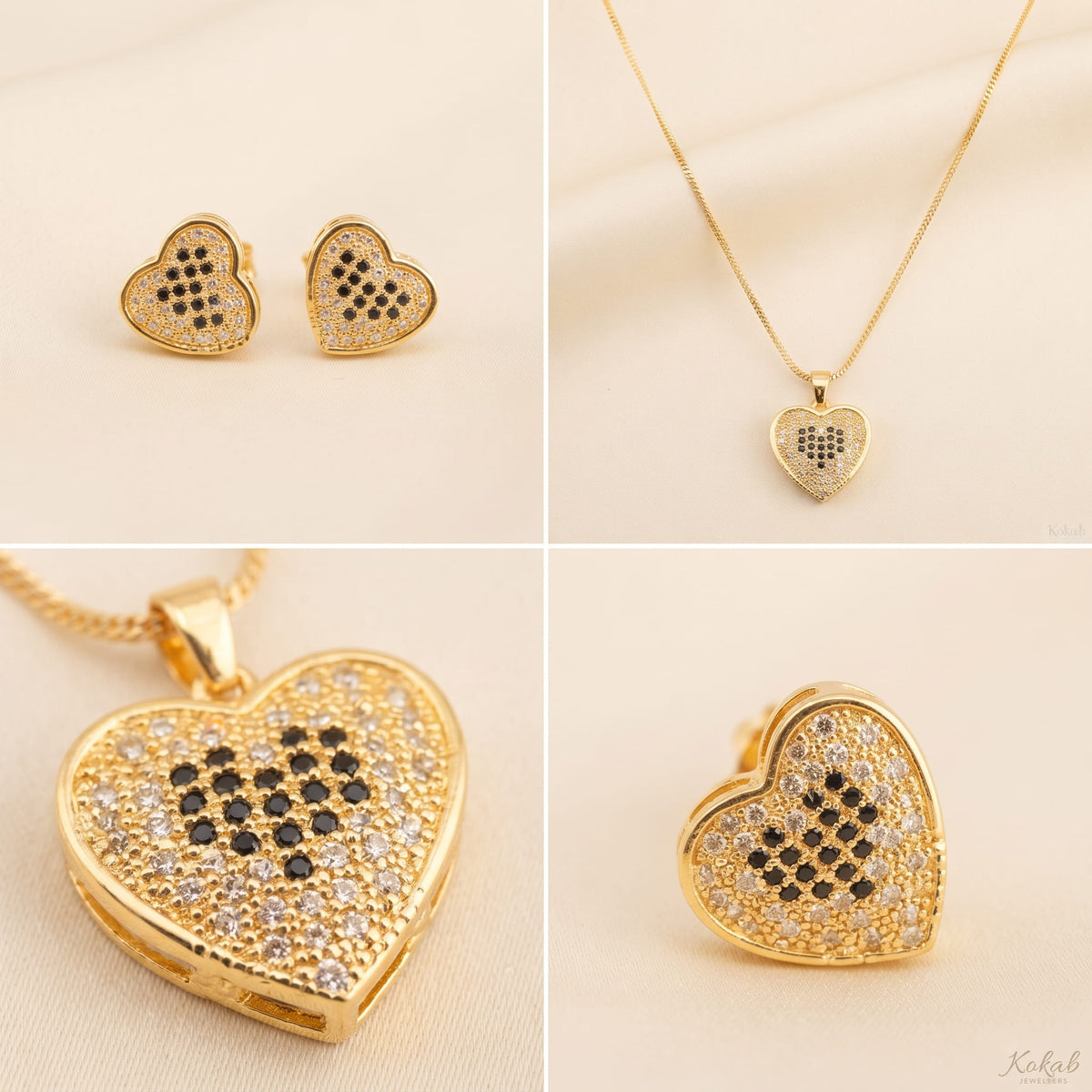 Gold Plated Heart Pendant Set with Black Zircon Stones