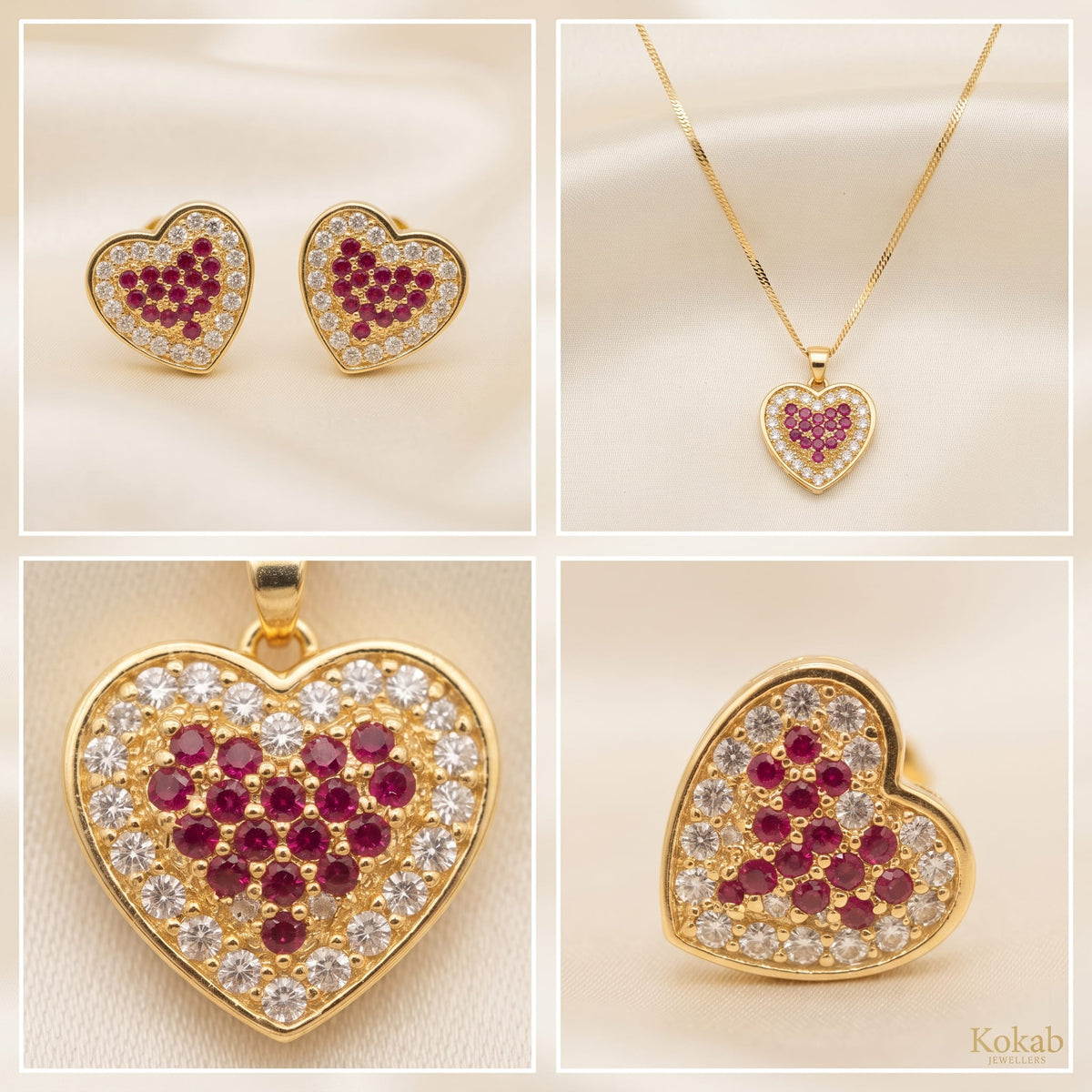 Gold Plated Heart Pendant Set with Red Zircon Stones