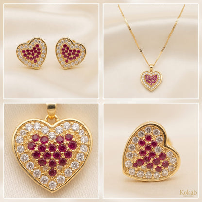 Gold Plated Heart Pendant Set with Red Zircon Stones