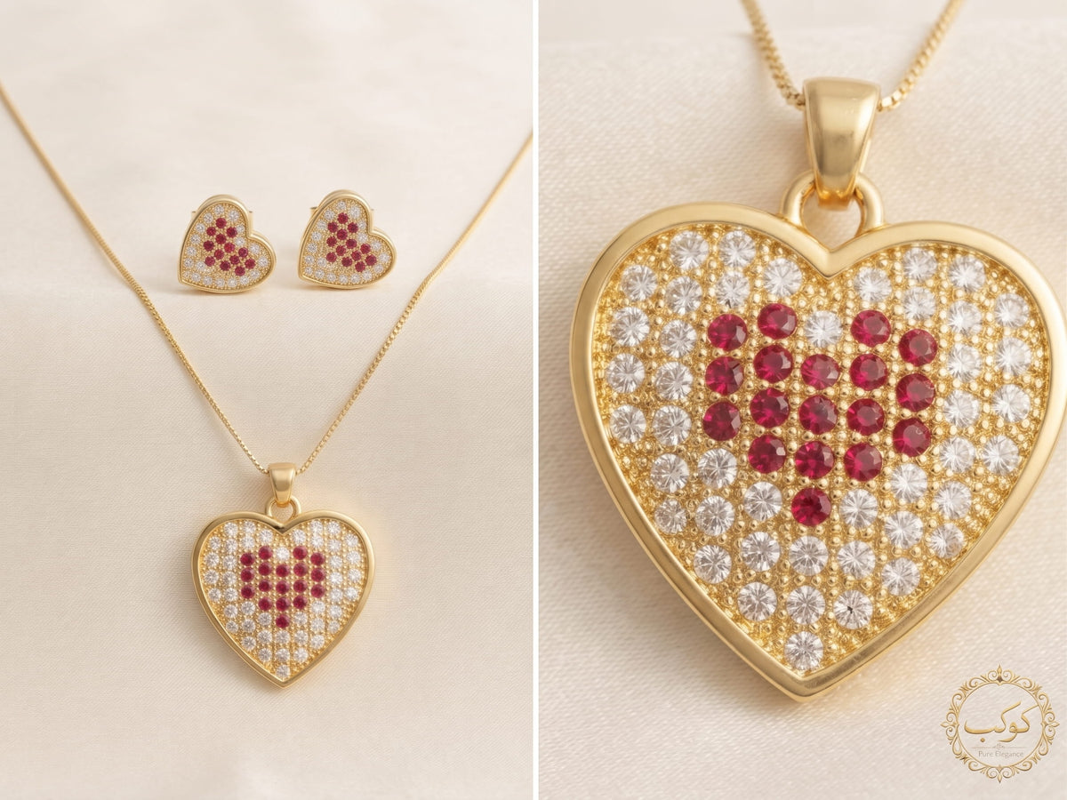 Red American Diamond Heart Necklace and Earring Set