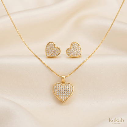 Solid gold plated heart jewellery set featuring clear gold crystals