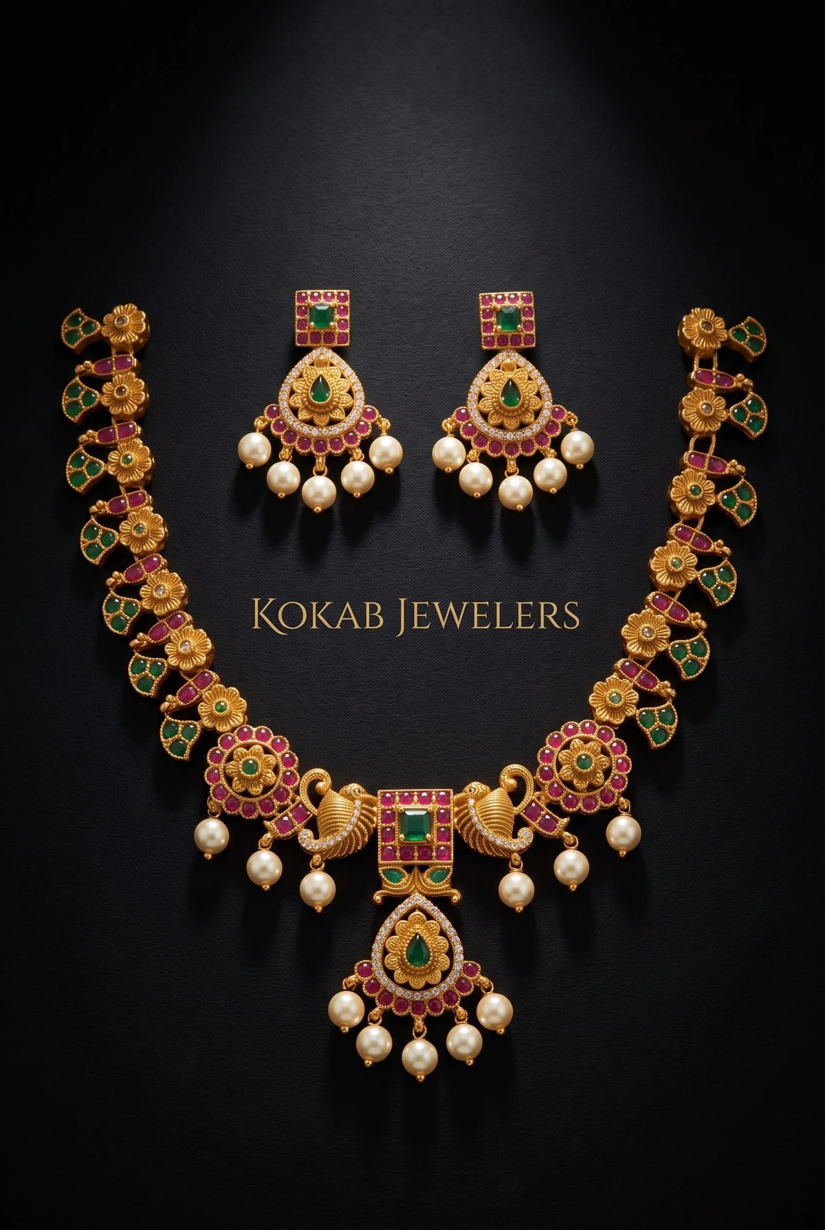 Floral ruby emerald necklace set with pearl drops - bridal jewellery Pakistan