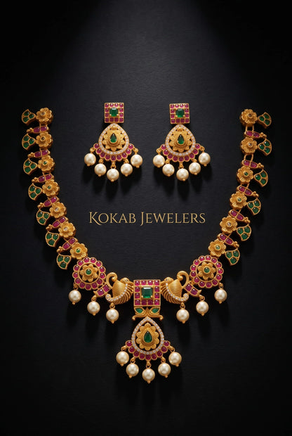 Floral ruby emerald necklace set with pearl drops - bridal jewellery Pakistan