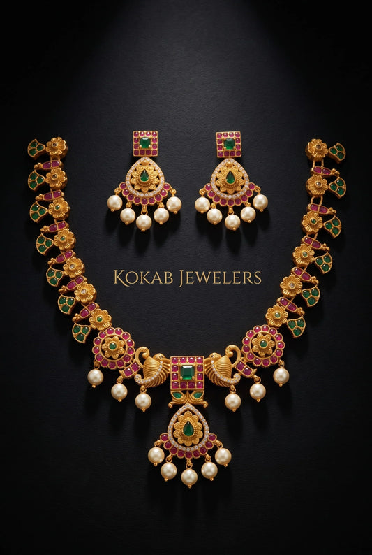 Floral ruby emerald necklace set with pearl drops - bridal jewellery Pakistan