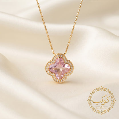 Close-up of Soft Pink Clover Pendant with Diamond Accents - Kokab Jewellers