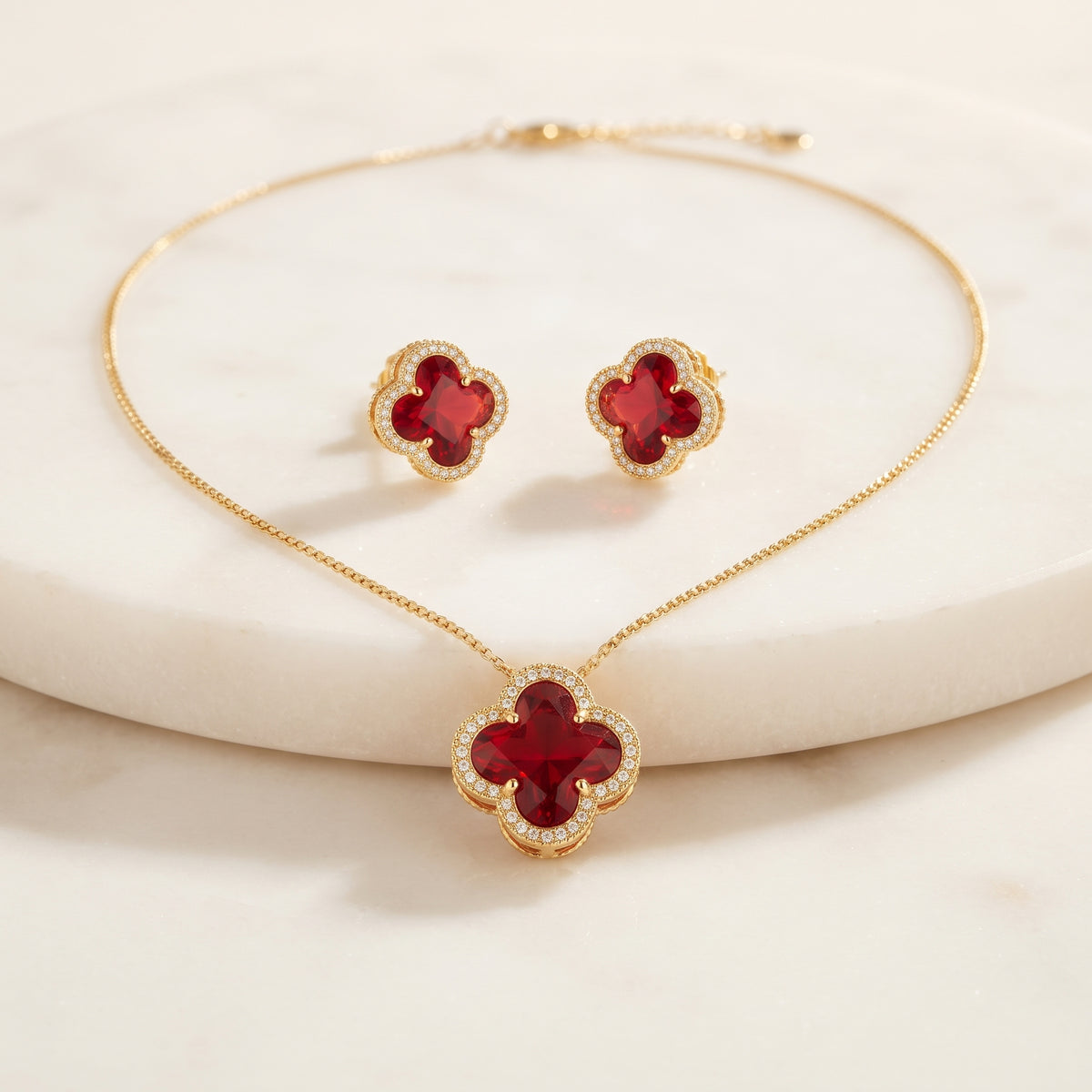 Deep Red Four Leaf Clover Necklace and Earrings Set for Women-Kokab Jewellers