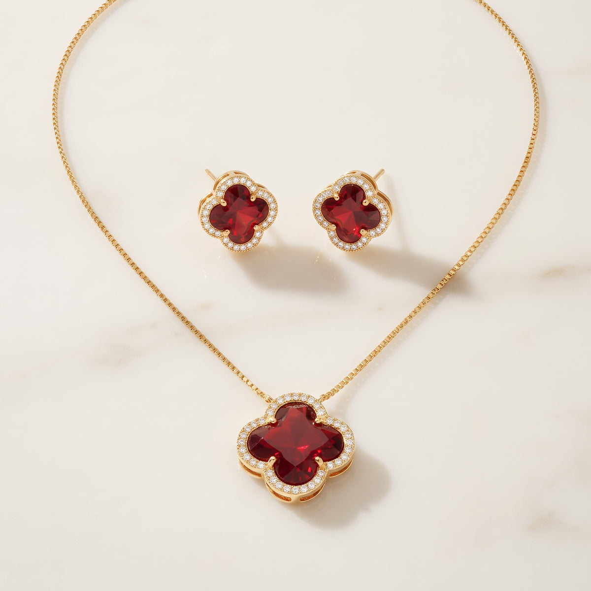 Deep Red Clover Pendant and Matching Earrings Set - Kokab Jewellers