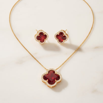 Deep Red Clover Pendant and Matching Earrings Set - Kokab Jewellers