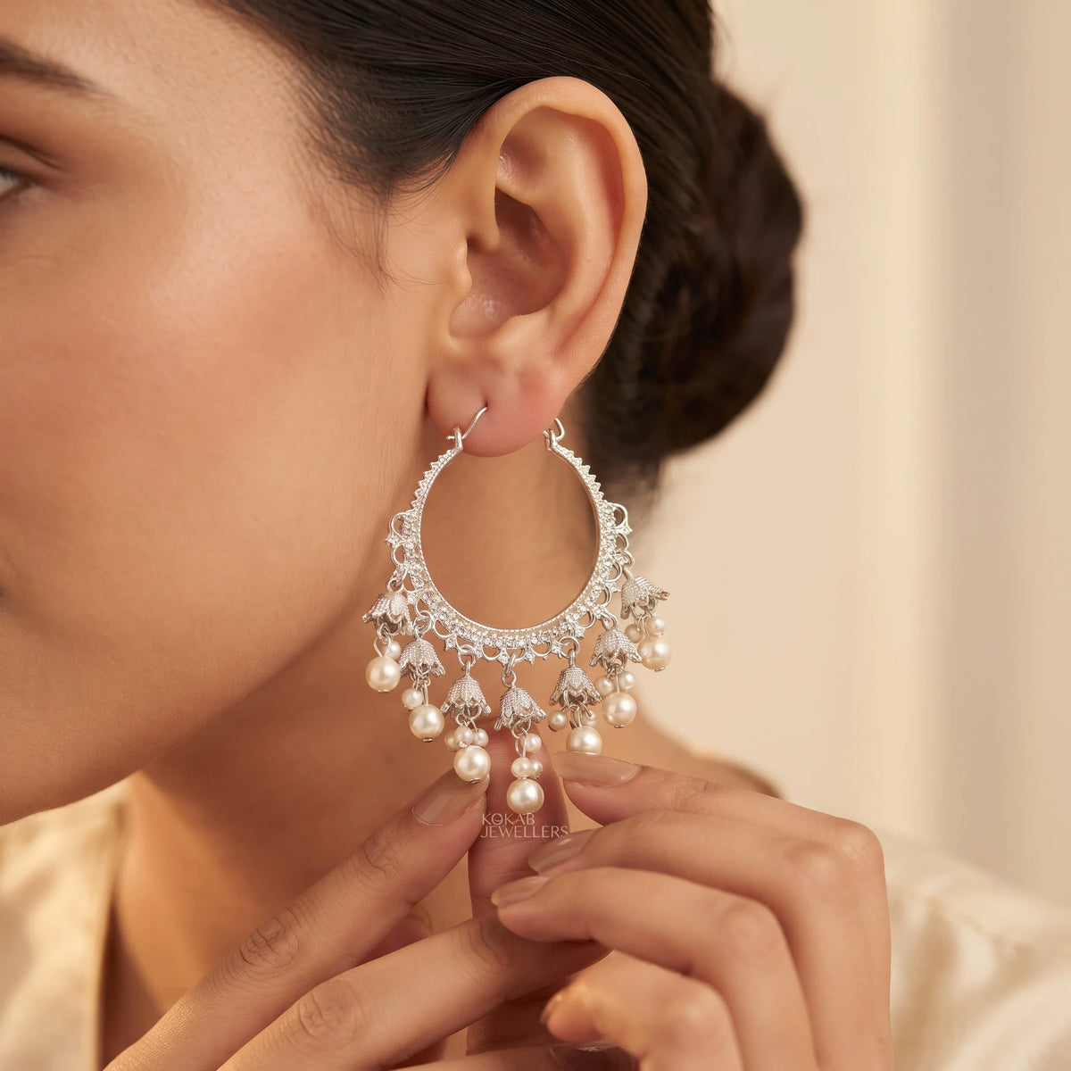 Oxidized silver Kashmiri bali earrings with pearl cluster drops