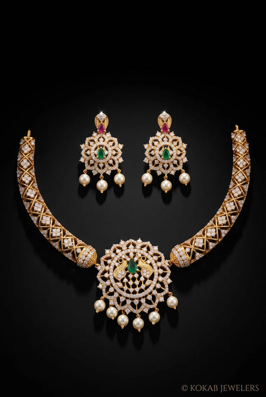 Peacock temple necklace set with AD stones and pearl drops on black background
