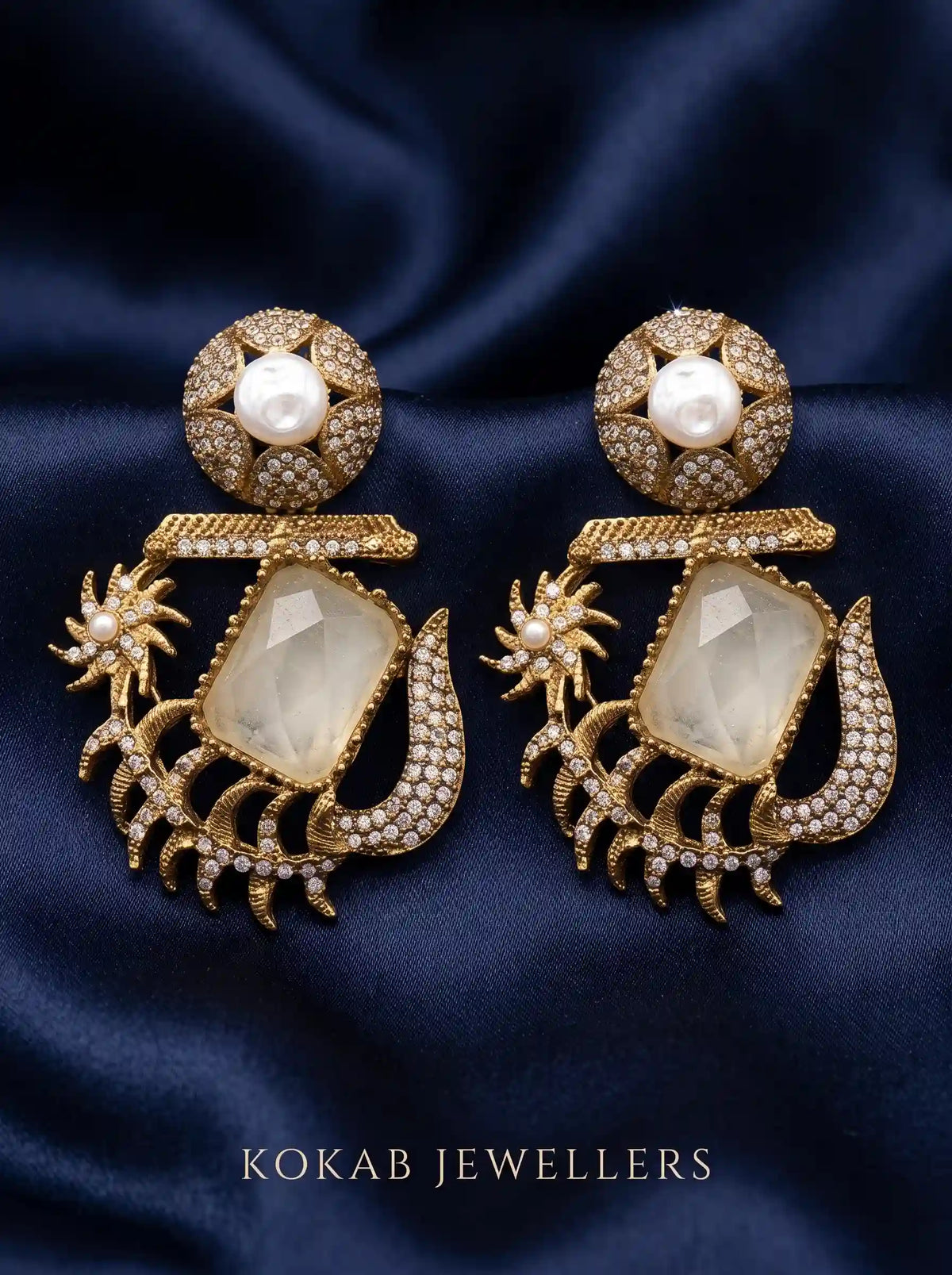 Champagne ivory stone Kashmiri earrings with white stones, pearl and antique gold finish