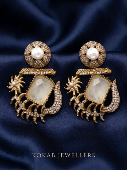 Champagne ivory stone Kashmiri earrings with white stones, pearl and antique gold finish