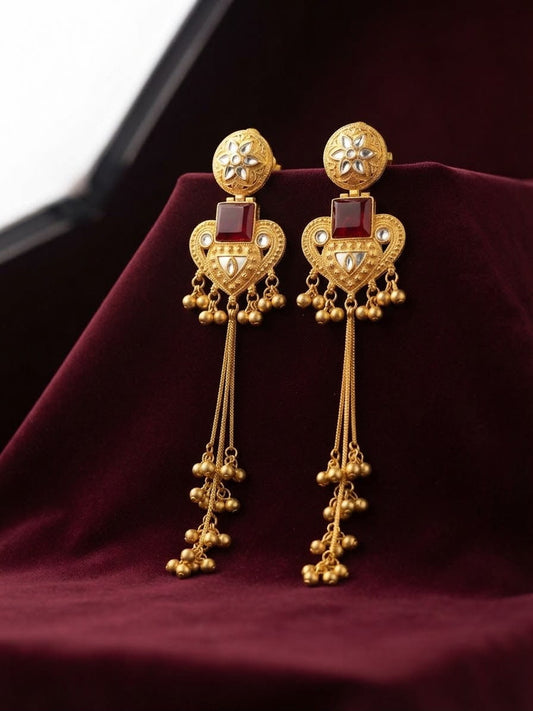 Red Kashmiri long dangle earrings with kundan, intricate gold filigree, and cascading ghungroo bells.