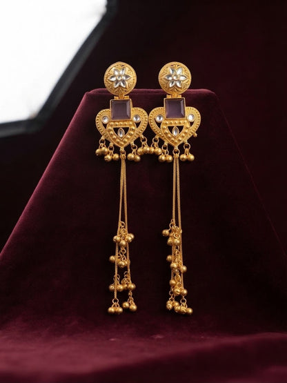 Violet Kashmiri long jhumka earrings with kundan, gold patterns, and cascading hanging ghungroo tassels.
