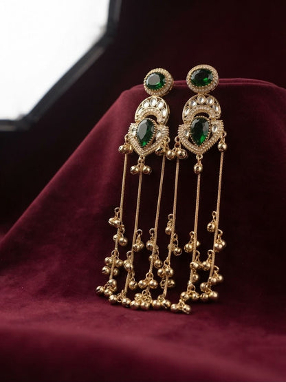 Emerald green Kashmiri long dangle earrings featuring Kundan work and cascading ghungroo tassels.
