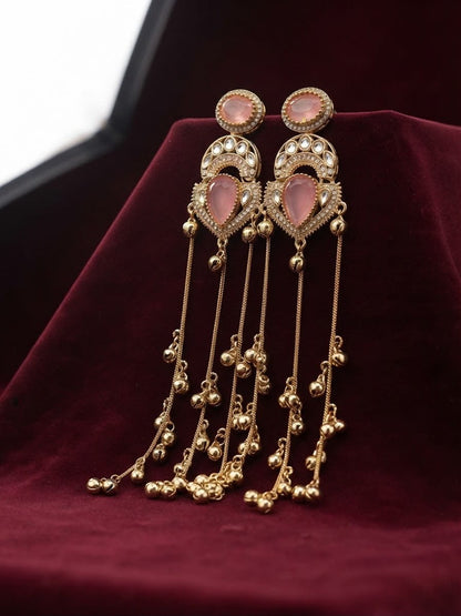 Blush pink Kashmiri long dangle earrings featuring Kundan work and cascading ghungroo tassels.