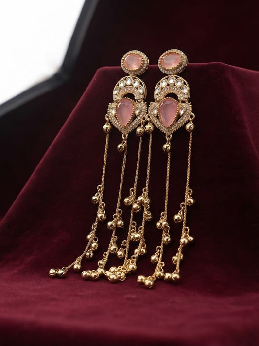 Blush pink Kashmiri long dangle earrings featuring Kundan work and cascading ghungroo tassels.
