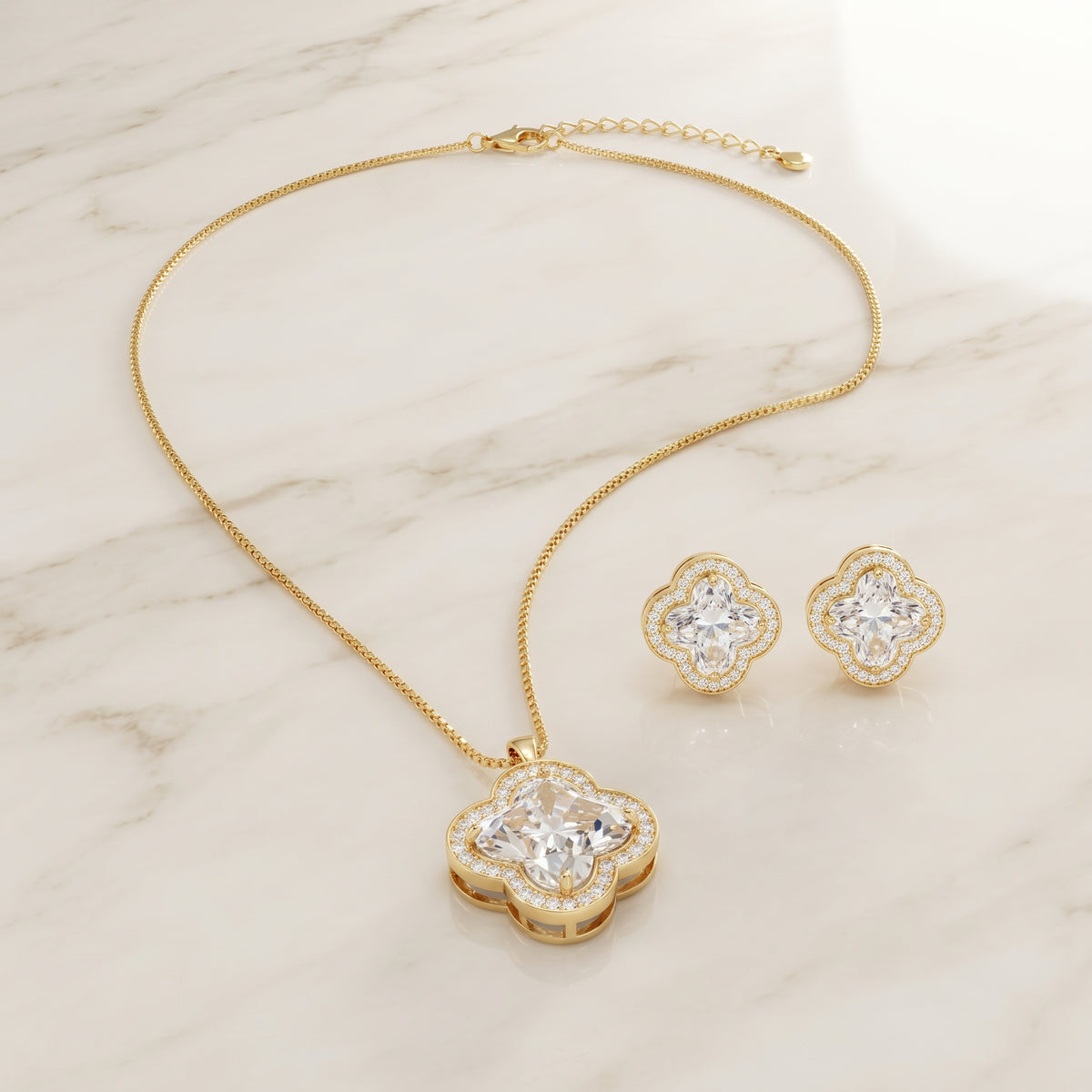 Clear White Clover Stud Necklace & Earrings with Gold Plating - Kokab Jewellers