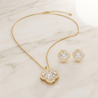 Clear White Clover Stud Necklace & Earrings with Gold Plating - Kokab Jewellers