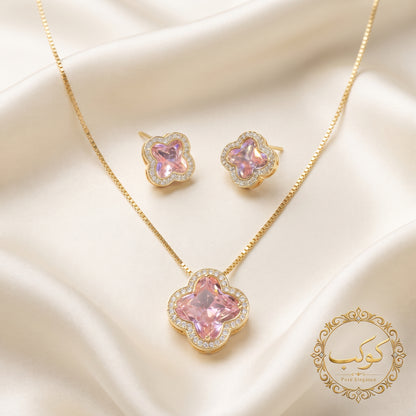 Soft Pink Clover Gemstone Necklace and Stud Earrings Set with Diamond Accents - Kokab Jewellers