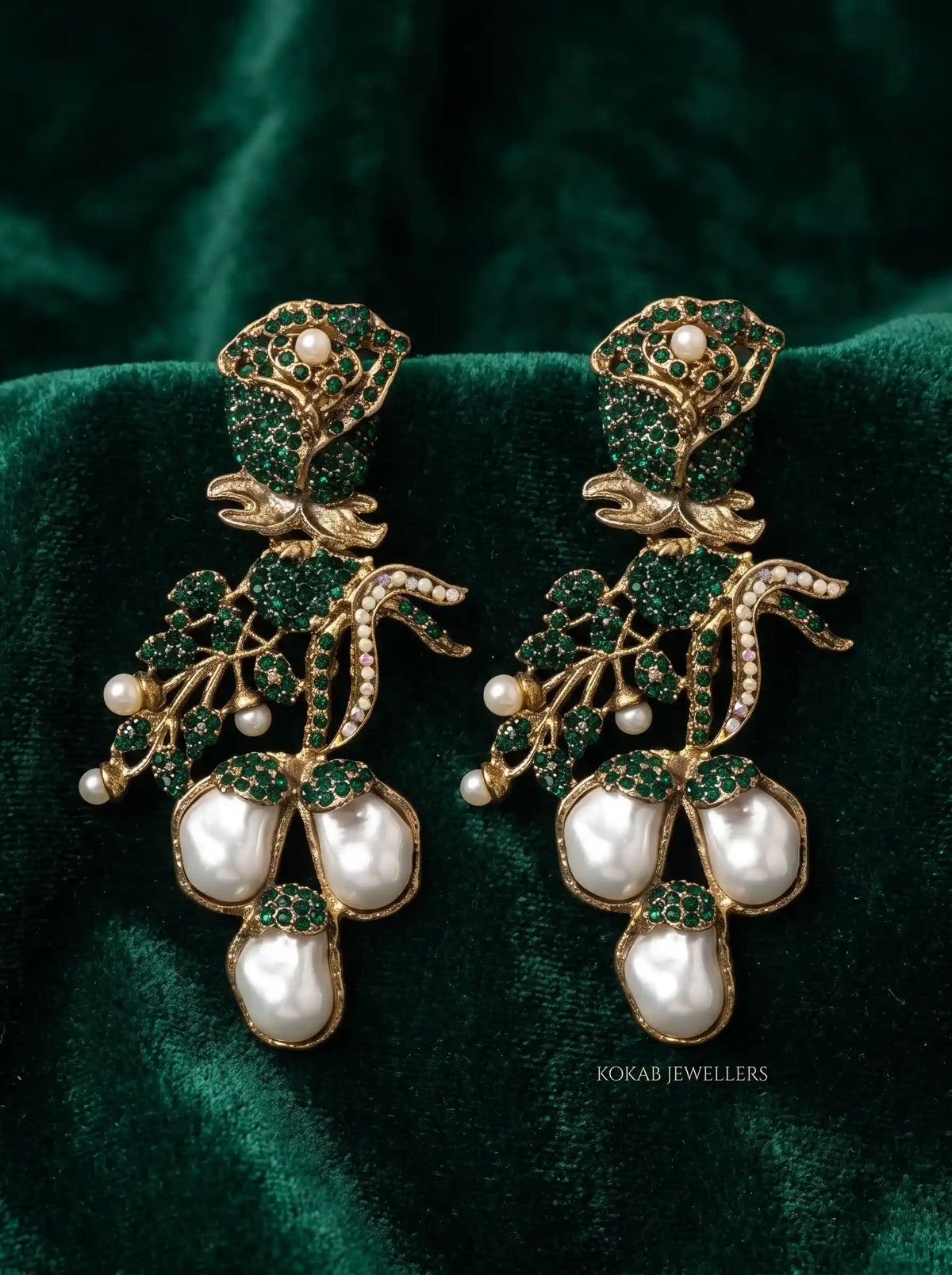 Emerald green rose floral earrings with baroque pearls and leaf branch detailing