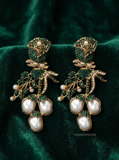 Emerald green rose floral earrings with baroque pearls and leaf branch detailing