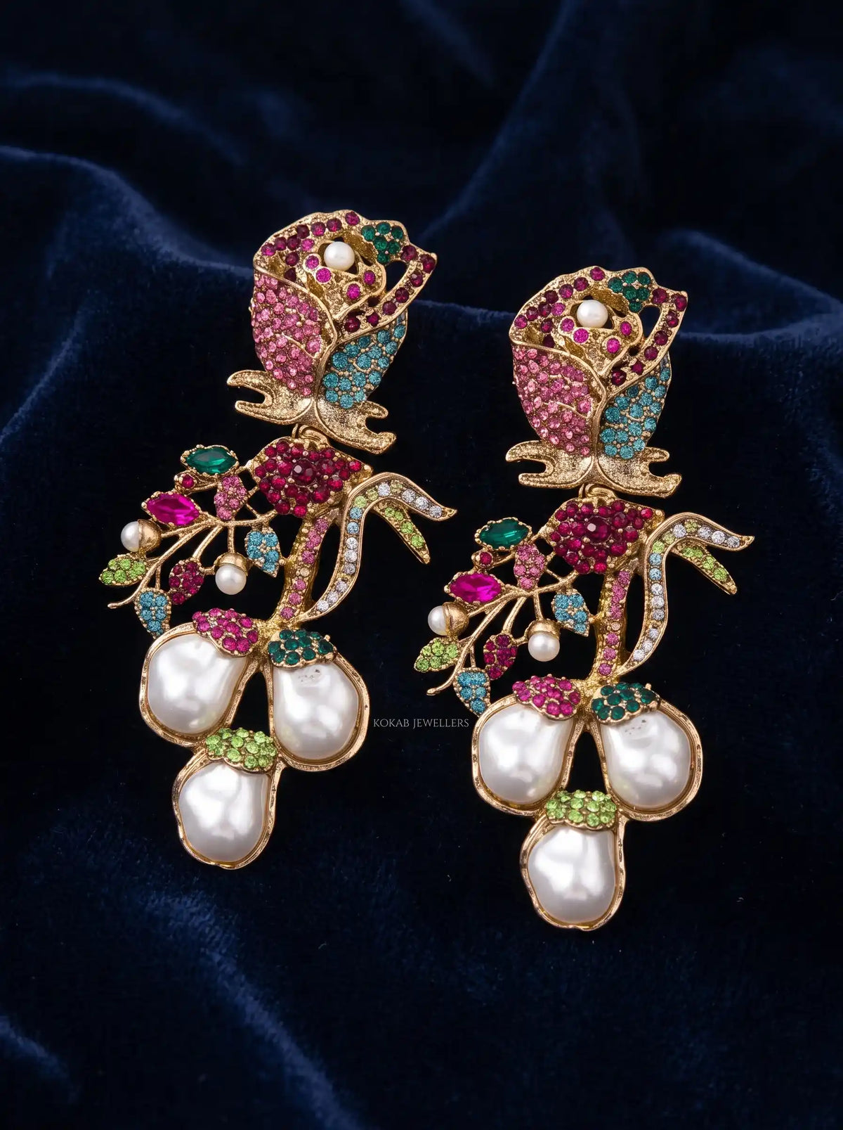 Multicolor pink teal and green stone rose earrings with baroque pearl drops